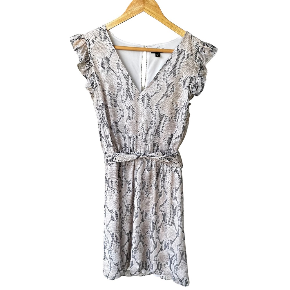 Express Dress Snakeskin Print V-Neck Ruffle Sleeve Belted Tan Gray Size Medium